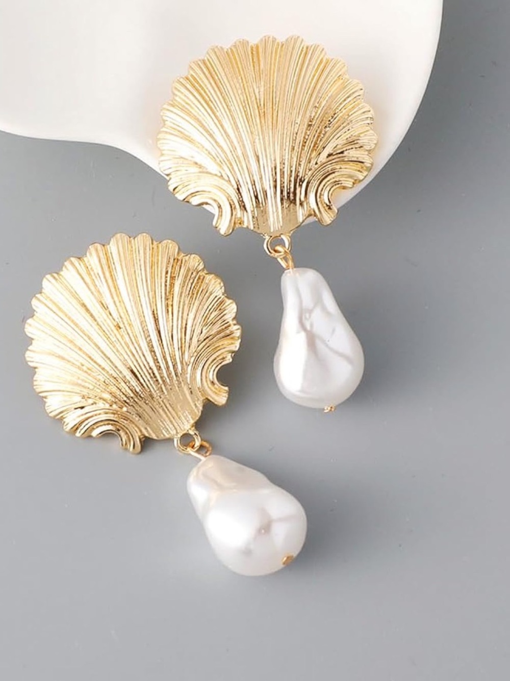 Gold Seashell & Baroque Pearl Statement Drop Earrings